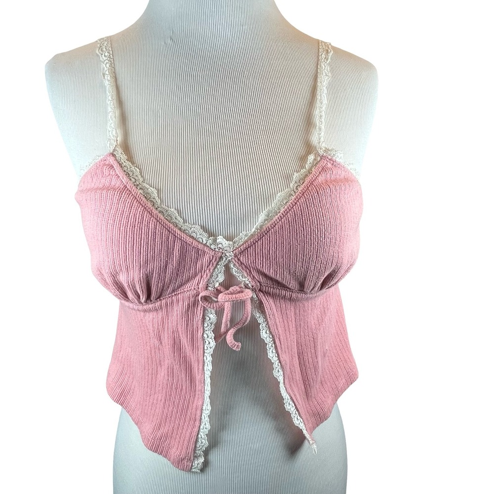 Unbranded Women Camisole Pink Lace Trim Ribbed Front Tie Coquette XS